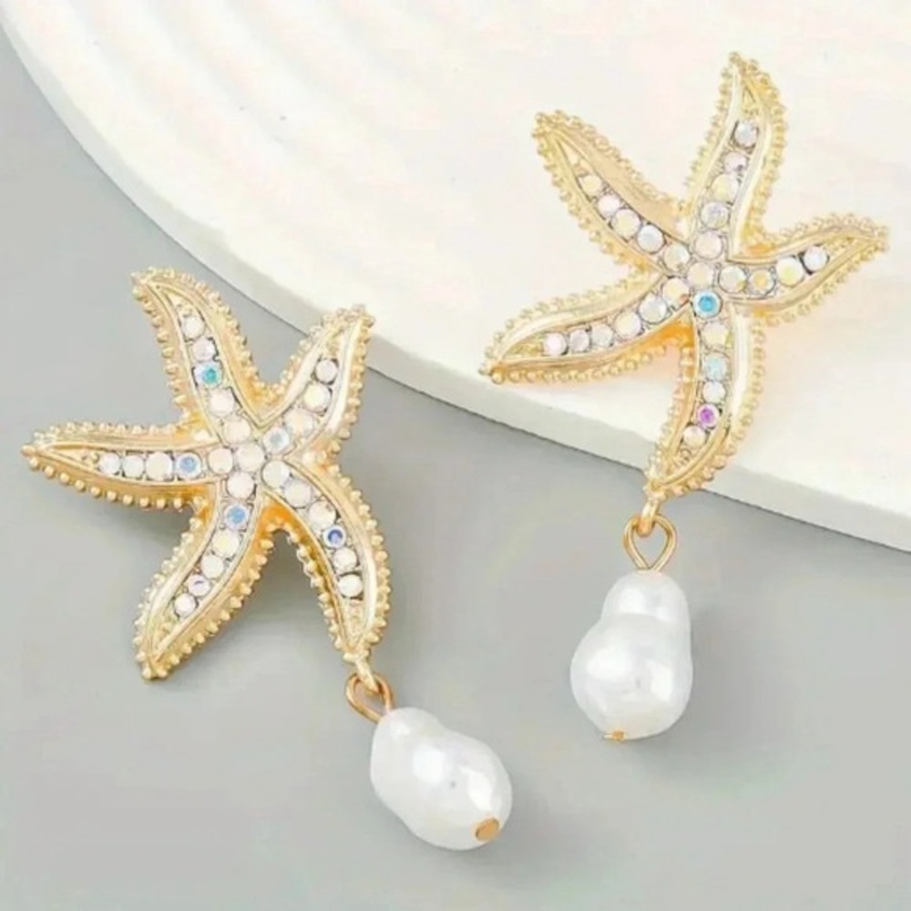 Gold plated Starfish Clear Rhinestone earrings with faux pearl drops